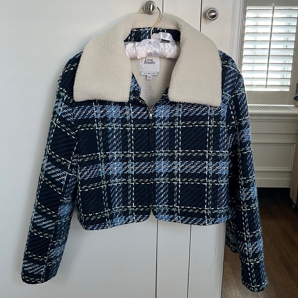 {{Love Bonito}} Plaid Sherpa Cropped Jacket